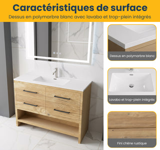 Meuble-lavabo autoportant en chêne brut de 48" avec Comptoir en polymarbre blanc