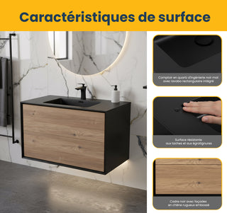 Meuble-Lavabo Mural 36po Noir et Chêne Brut avec Comptoir de Quartz d'ingénierie Noir