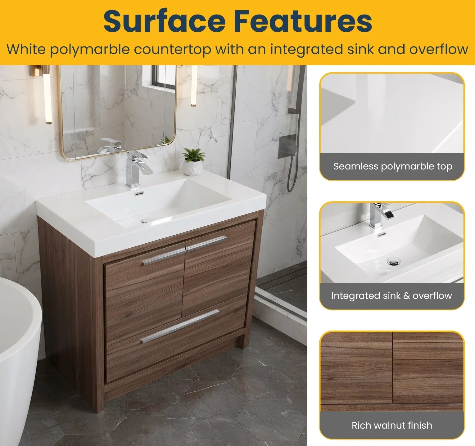 36" Walnut Freestanding Bathroom Vanity with White Polymarble Countertop