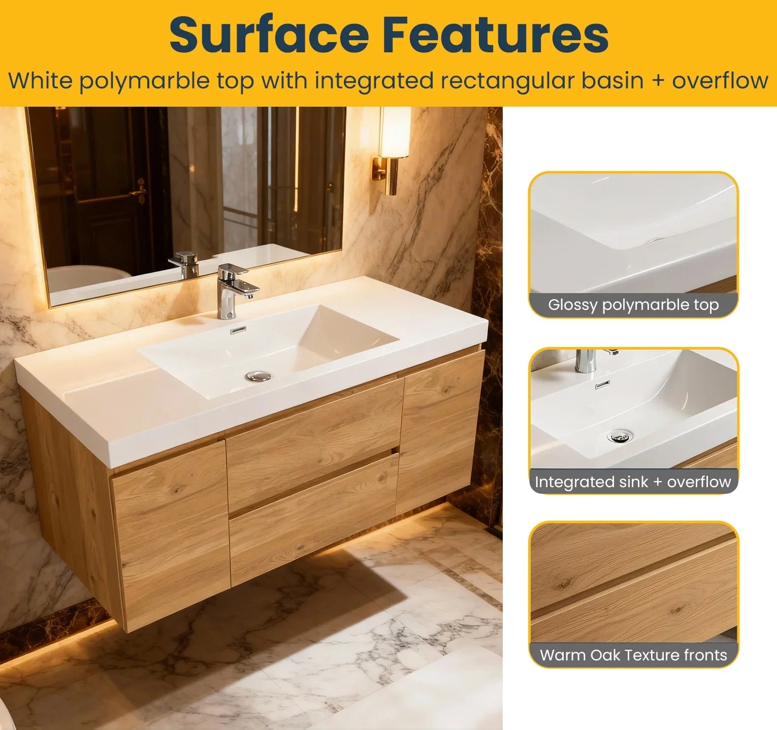 48" Rough Oak Wall Mount Single Sink Bathroom Vanity with White Polymarble Countertop