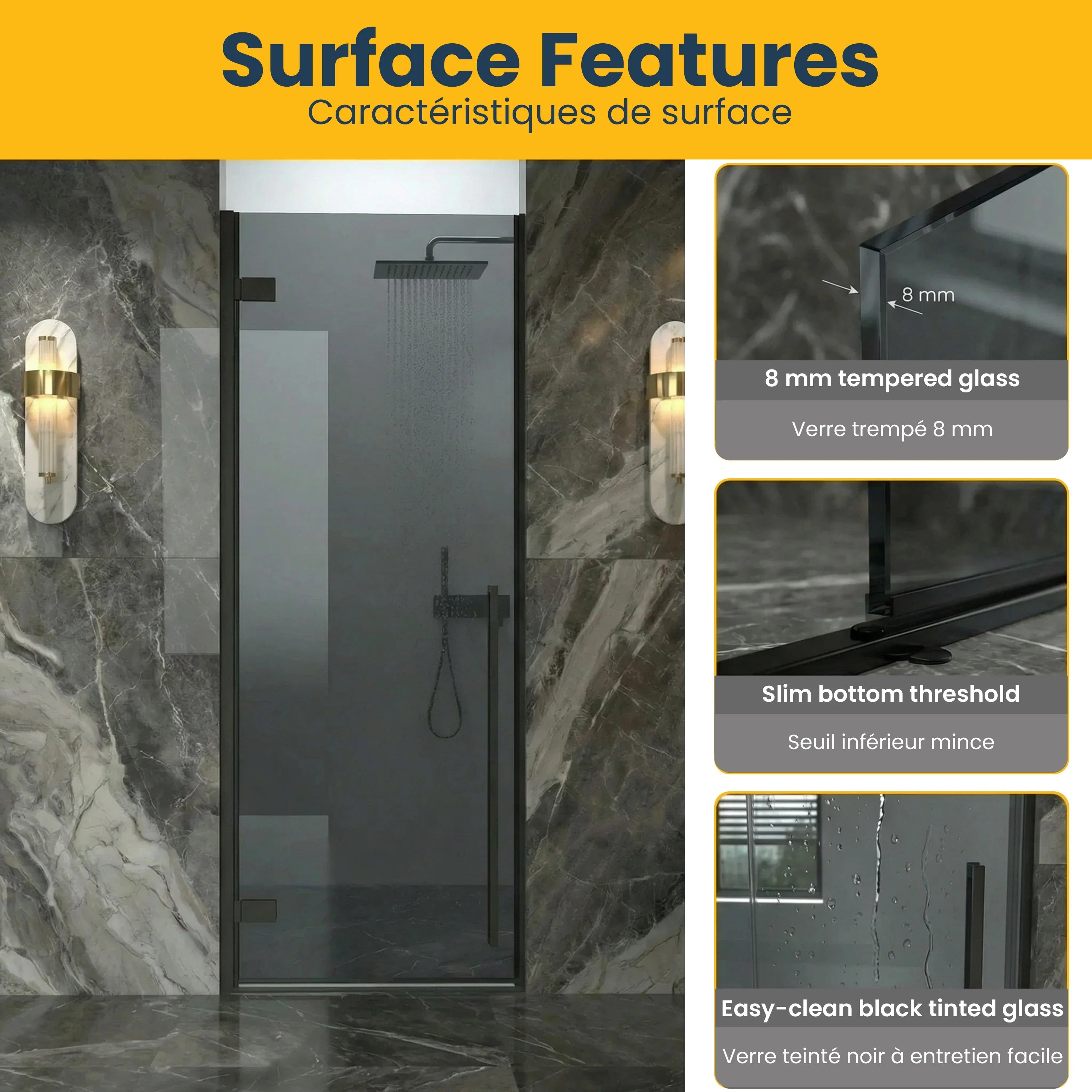 Porte de douche pivotante noir mat 32po x 79po avec verre teinté noir