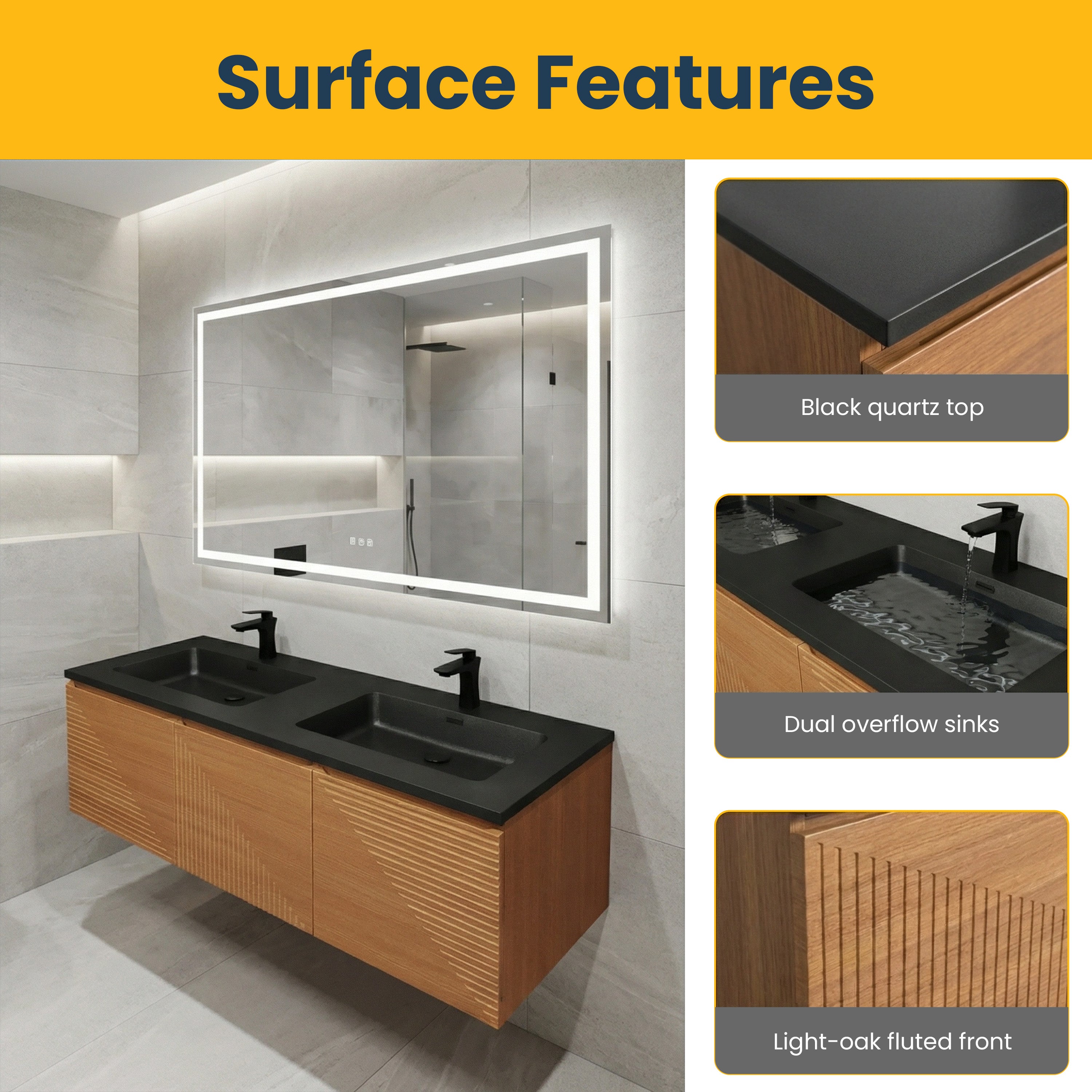 60" Light Oak Wall-Mounted Double Sink Bathroom Vanity with Black Engineered Quartz Countertop