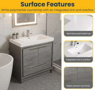 Meuble-Lavabo Autoportant 36po Ciment avec Comptoir de Polymarbre Blanc 