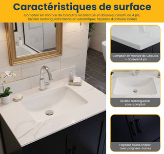 Meuble-lavabo autoportant noir 30" avec Comptoir en marbre Calcutta reconstitué