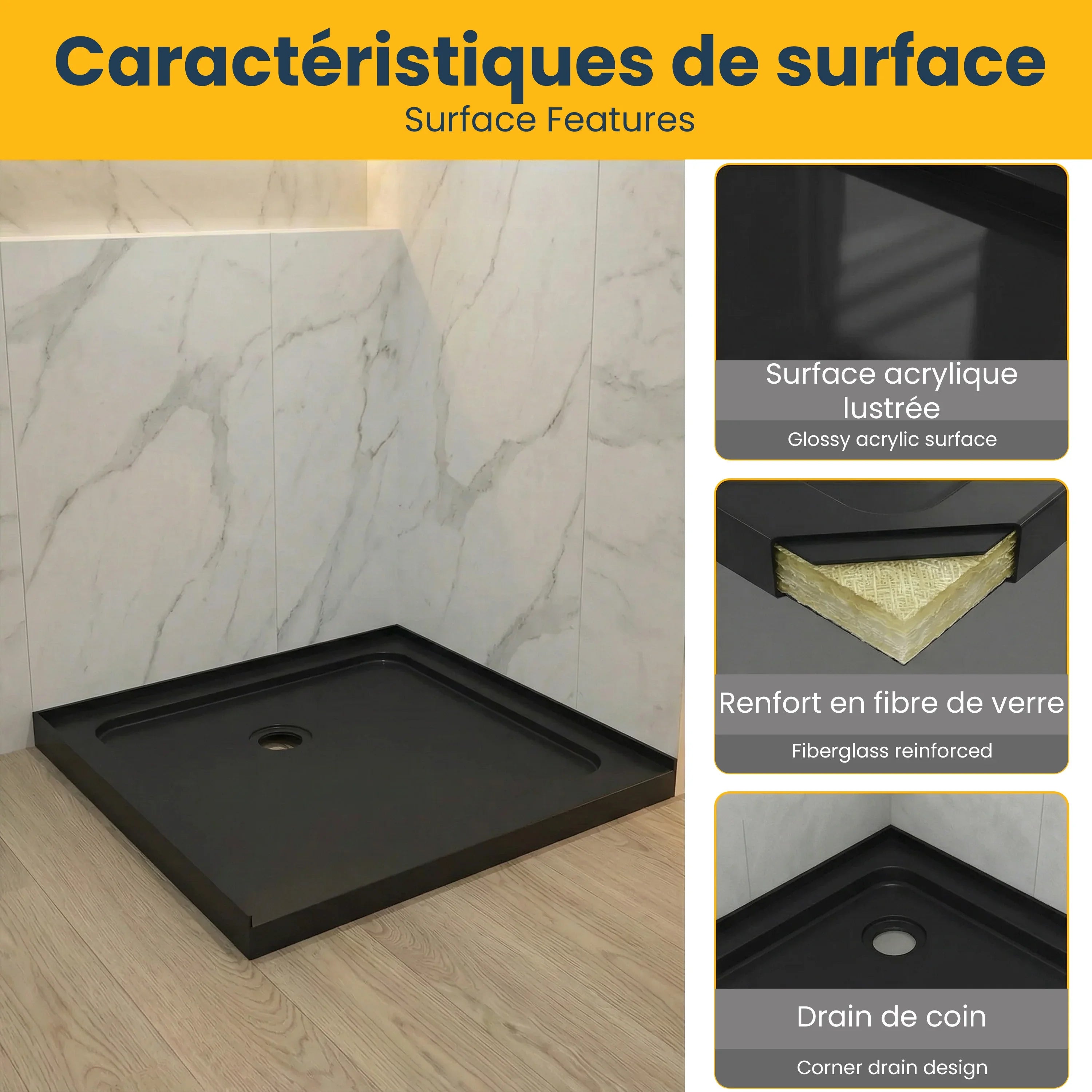 Base de douche acrylique noir brillant 36po x 36po avec drain d'angle