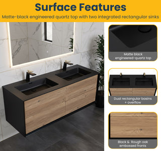 60" Black & Rough Oak Wall Mount Double Sink Bathroom Vanity with Black Engineered Quartz Countertop