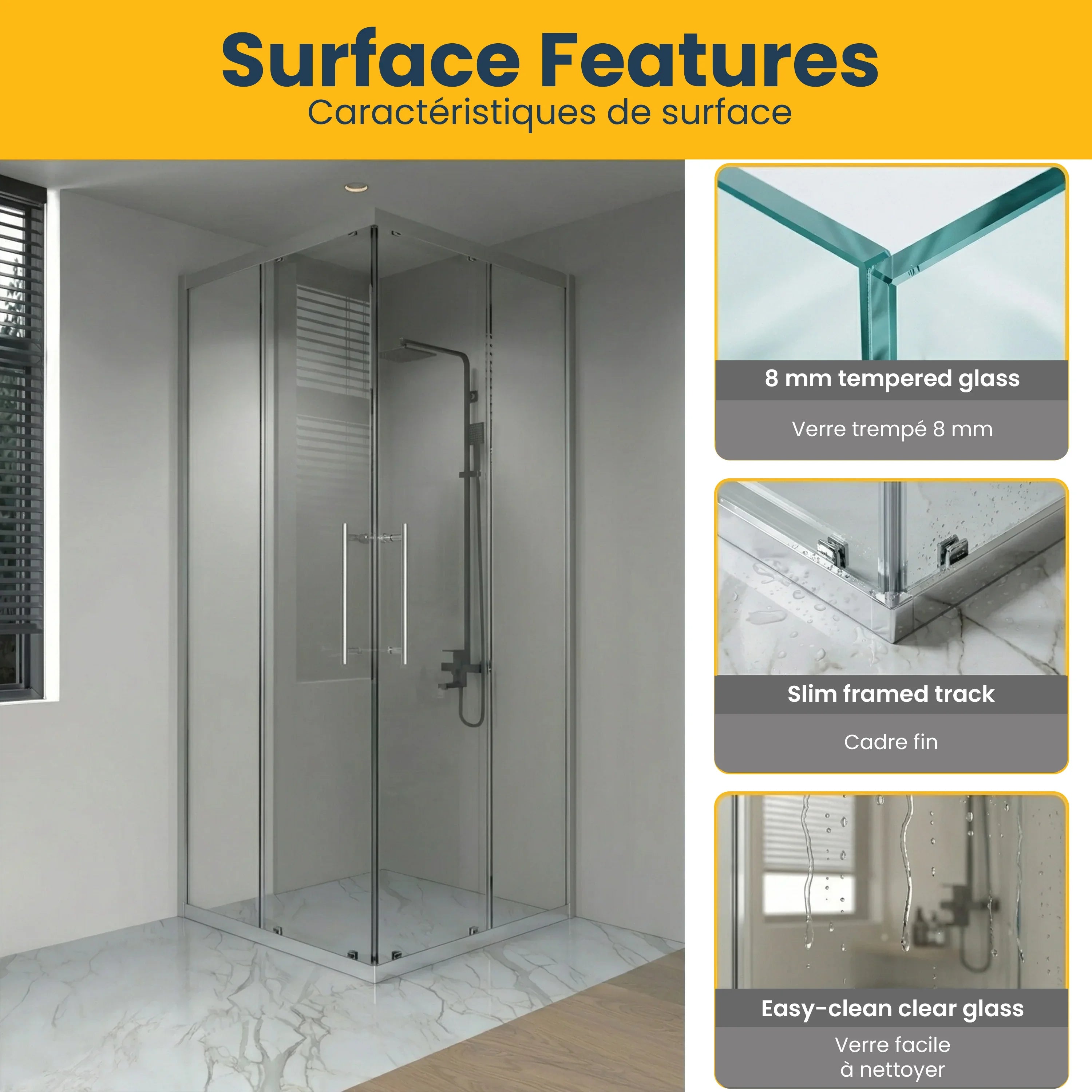 Porte de douche coin coulissante 36po x 36po x 79po chromée avec verre trempé clair