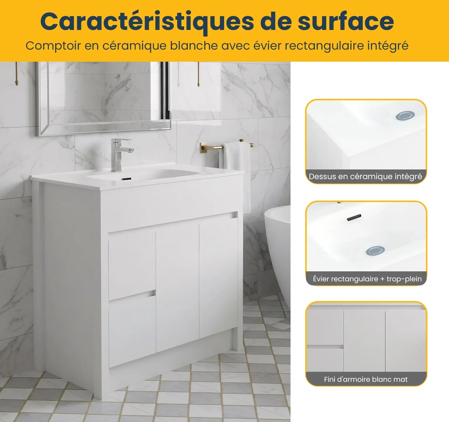 40" Matte White Freestanding Single Sink Bathroom Vanity with White Ceramic Countertop