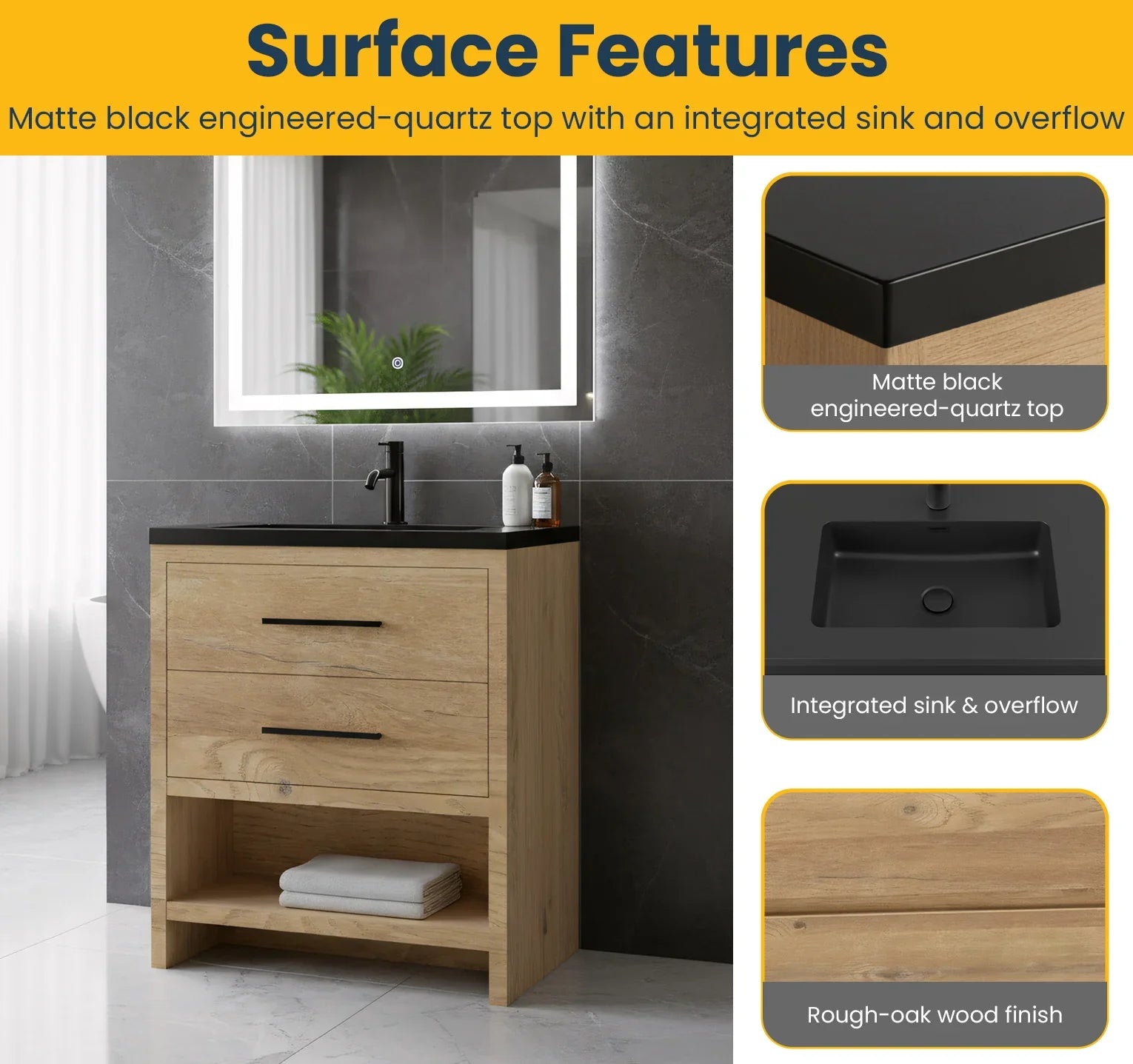 30" Rough Oak Freestanding Bathroom Vanity with Black Engineered Quartz Countertop