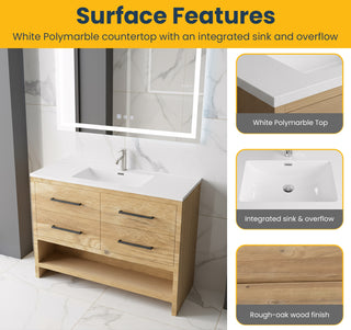 Meuble-lavabo autoportant en chêne brut de 48" avec Comptoir en polymarbre blanc