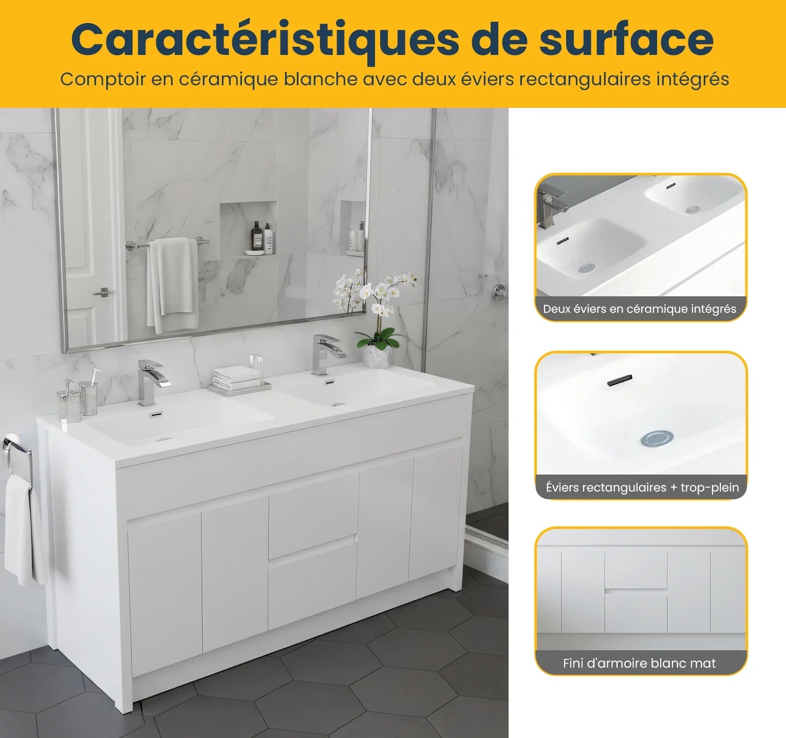 Meuble-Lavabo Autoportant 60po Blanc Mat avec Comptoir de Polymarbre Blanc
