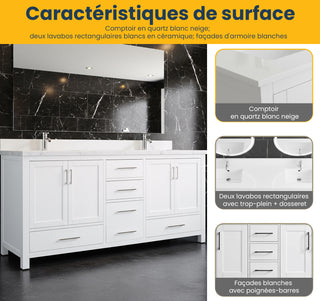Meuble-Lavabo Autoportant 72po Blanc avec Comptoir de Quartz Blanche Neige
