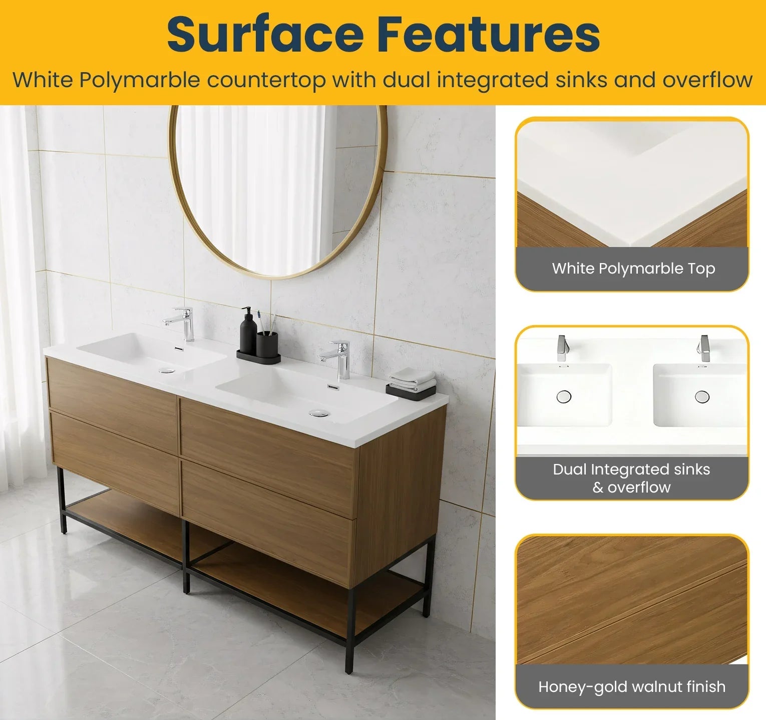 60" Honey Gold Walnut Wall Mount Double Sink Bathroom Vanity with White Polymarble Countertop