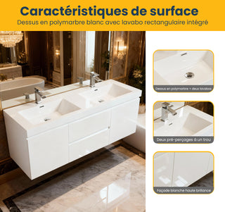 Meuble-Lavabo Mural 60po Blanc Brillant avec Comptoir de Polymarbre Blanc 
