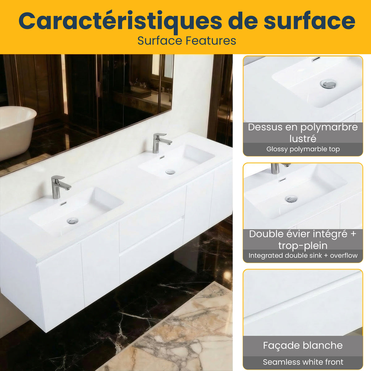 72" White Wall Mount Double Sink Bathroom Vanity with White Polymarble Countertop