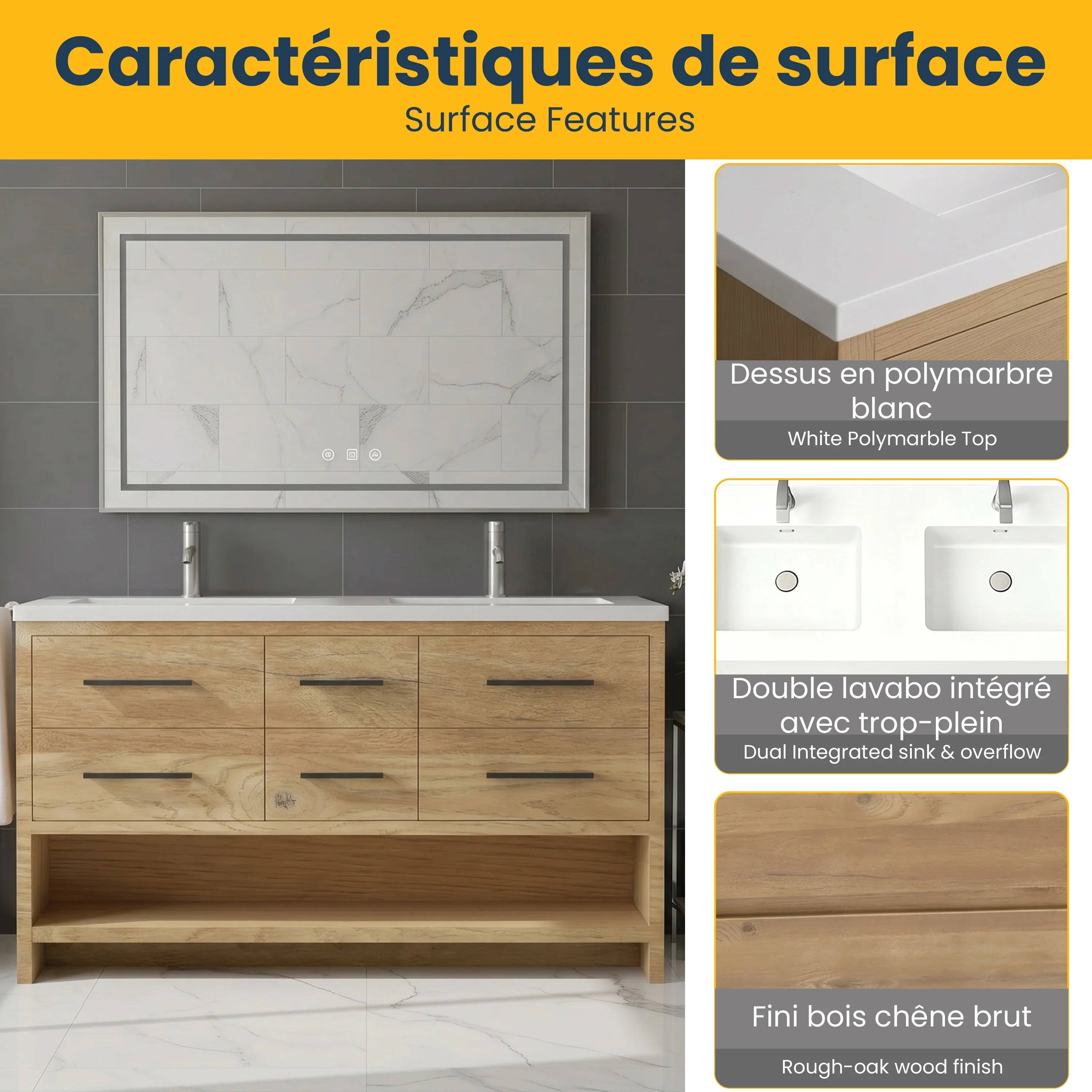 Meuble-Lavabo Autoportant 72po Chêne Brut avec Comptoir de Polymarbre Noir