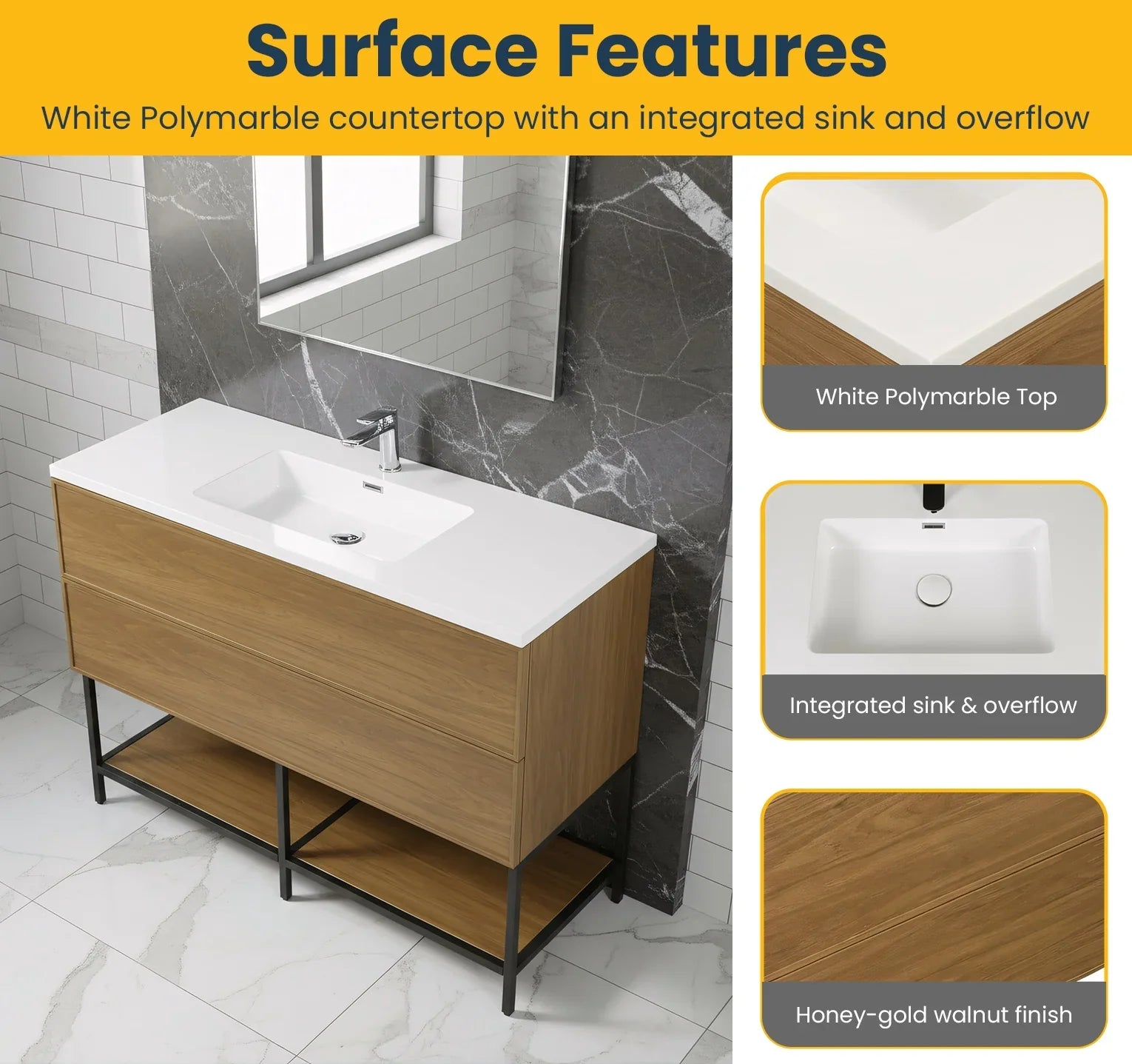 48" Honey Gold Walnut Wall Mount Bathroom Vanity with White Polymarble Countertop