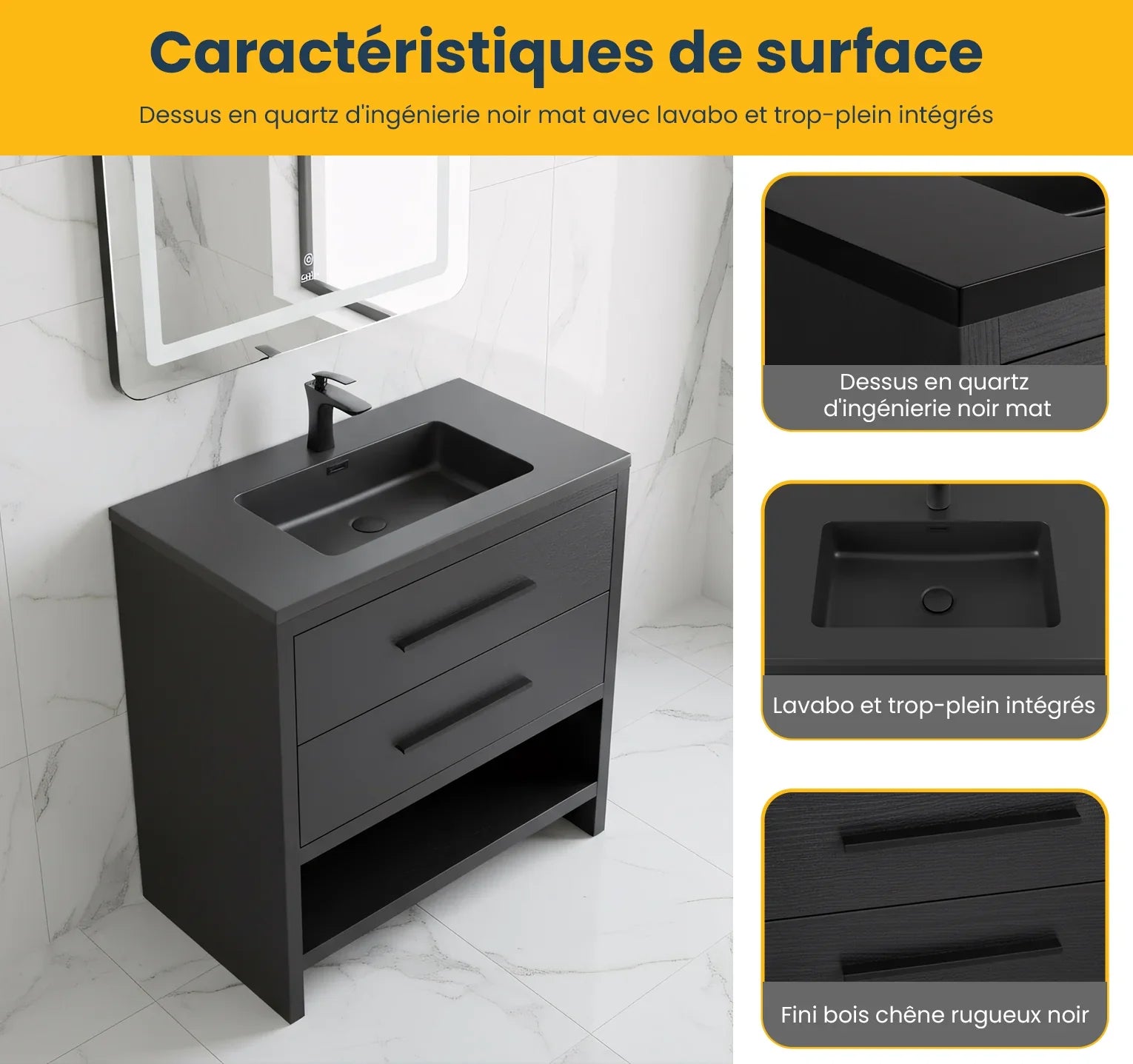 30" Black Oak Freestanding Single Sink Bathroom Vanity with Black Engineered Quartz Countertop
