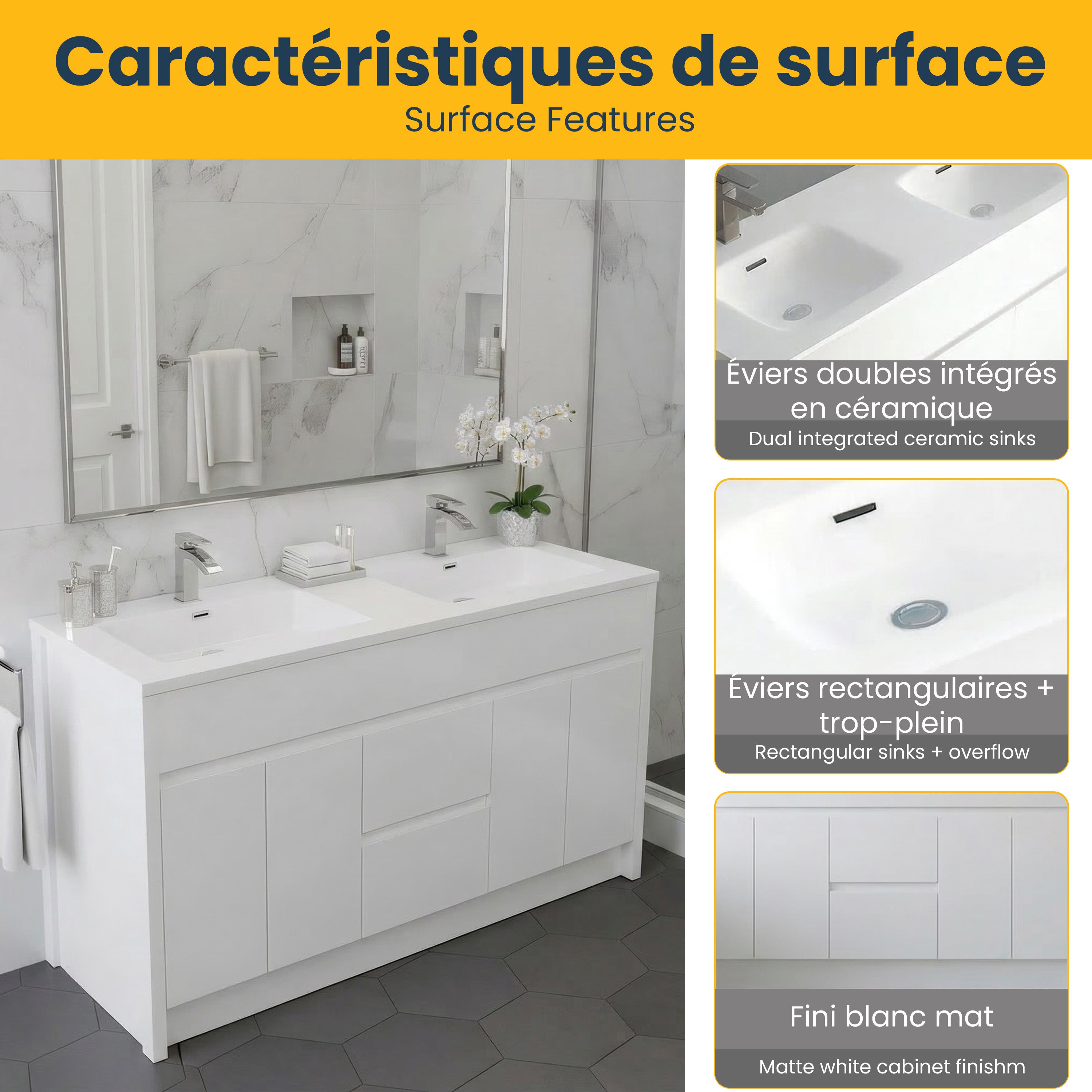 60" Matte White Freestanding Double Sink Bathroom Vanity with White Polymarble Countertop