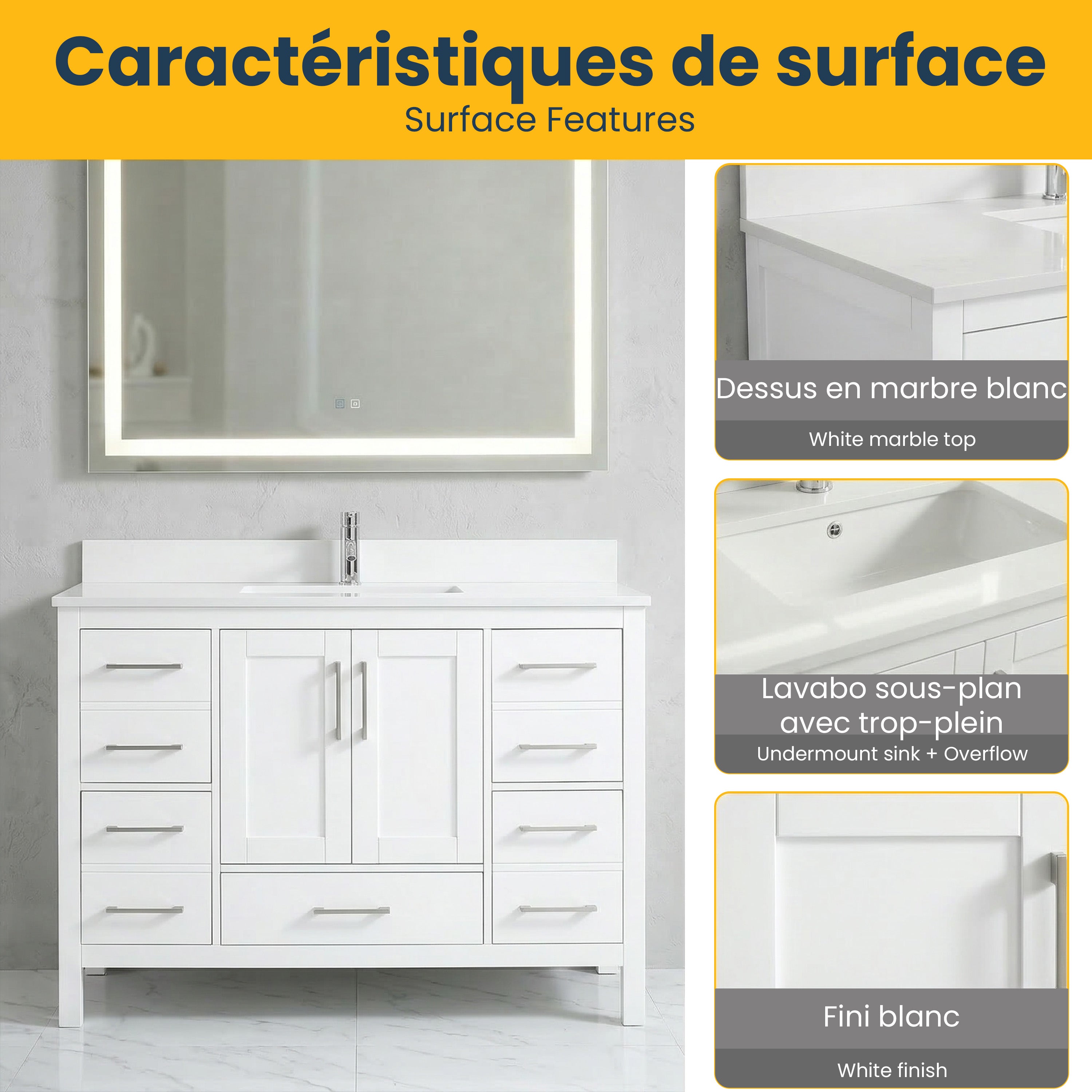 48" White Freestanding Single Sink Bathroom Vanity with Engineered White Marble Countertop