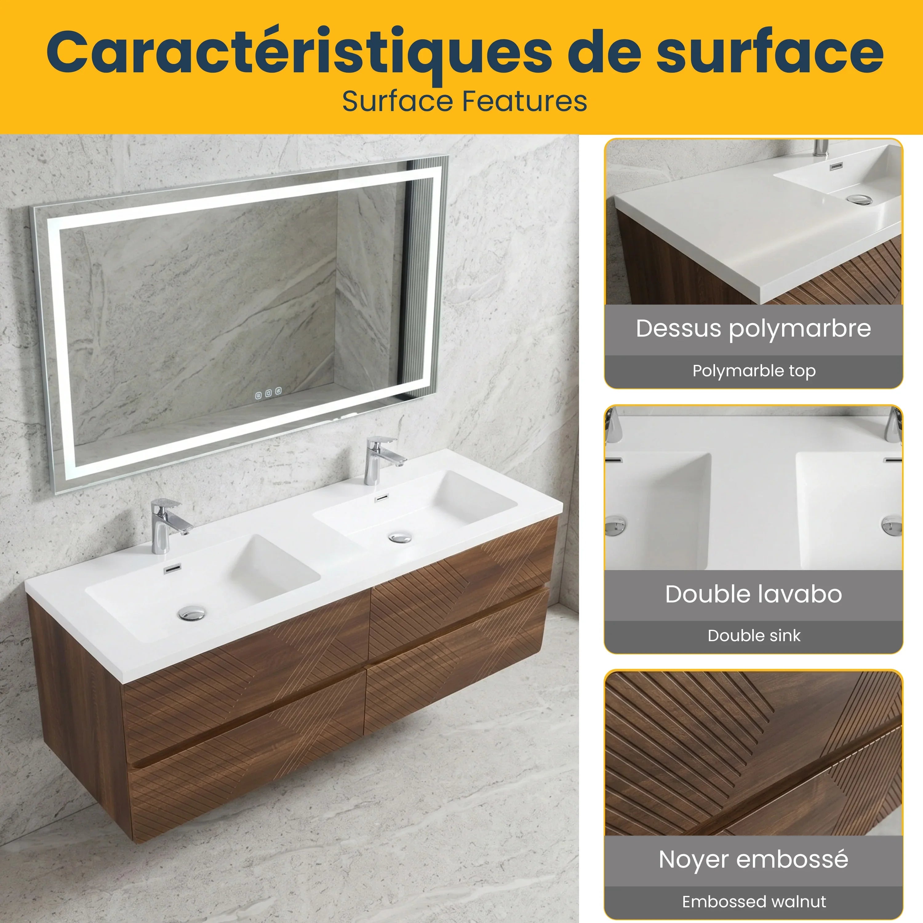 Meuble-Lavabo Mural 60po Noyer avec Comptoir de Polymarbre Blanc