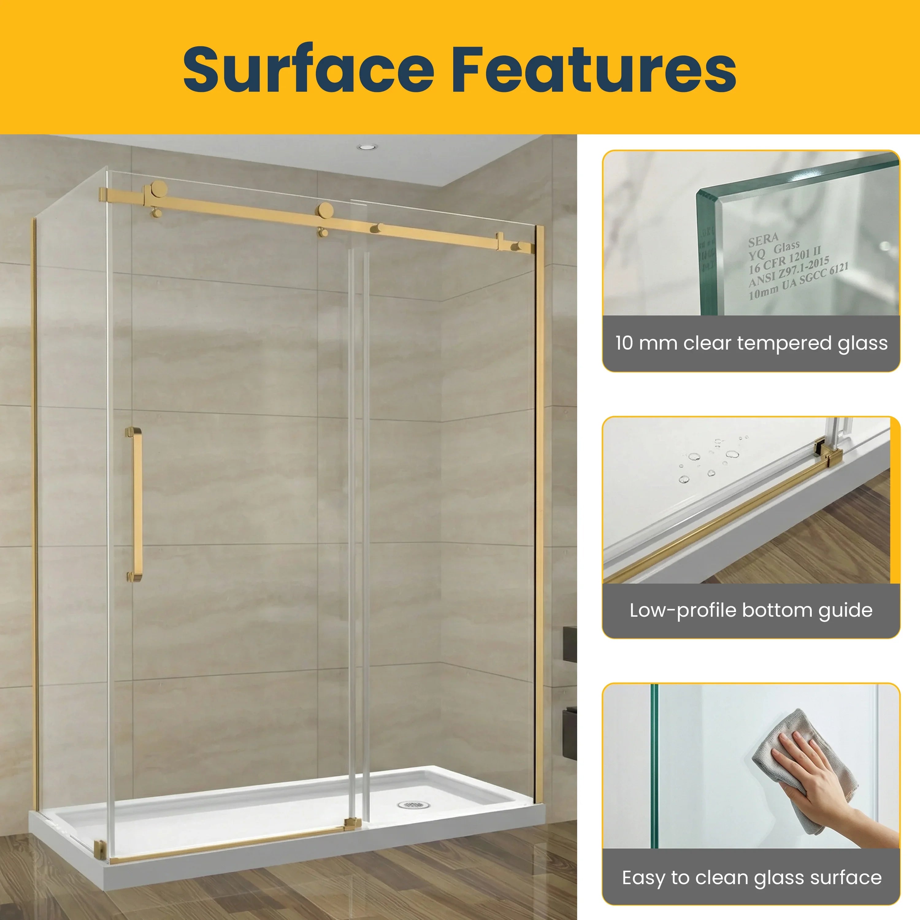 Porte de douche coulissante 60po x 32po x 75po en or brossé avec panneau latéral 32po