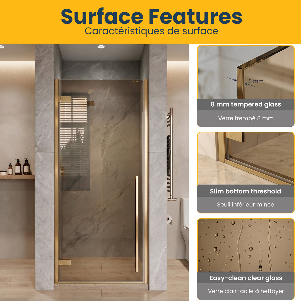 29,9po–30,3po L (largeur ajustable) x 79po H Porte de douche pivotante réversible sans cadre en or brossé avec verre brun teinté