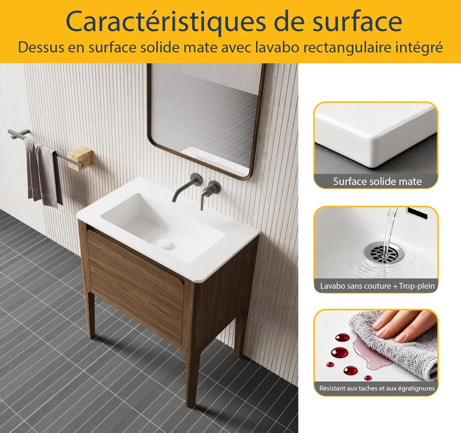 30" Walnut Wall Mount Bathroom Vanity with Matte White Solid Surface Countertop