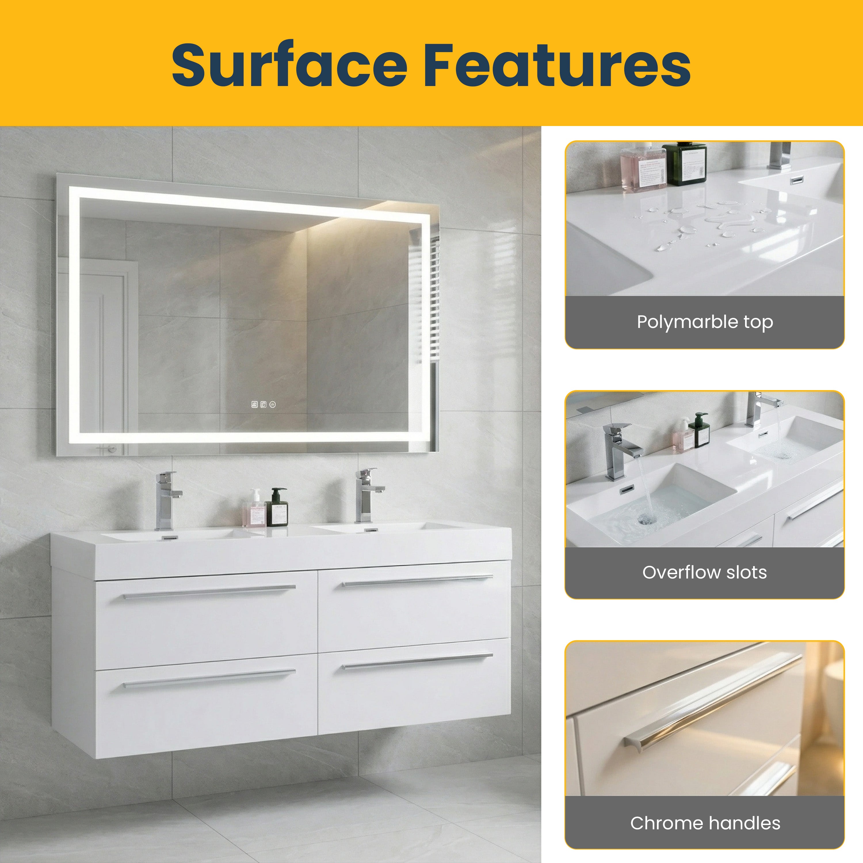 Meuble-Lavabo Mural Blanc de 60 po avec Comptoir en Polymarbre Blanc