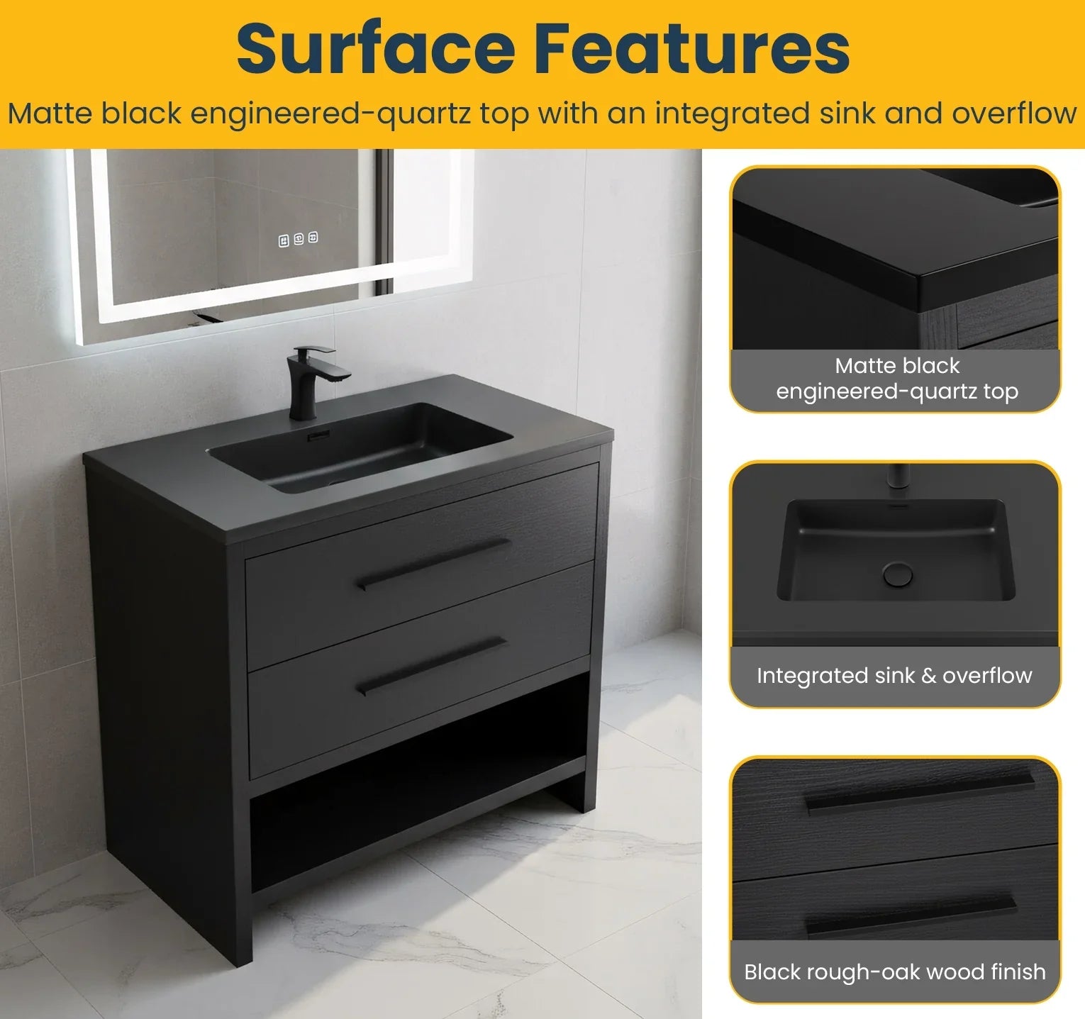 Meuble-Lavabo Autoportant 36po Chêne Brut Noir avec Comptoir de Quartz d'ingénierie Noir