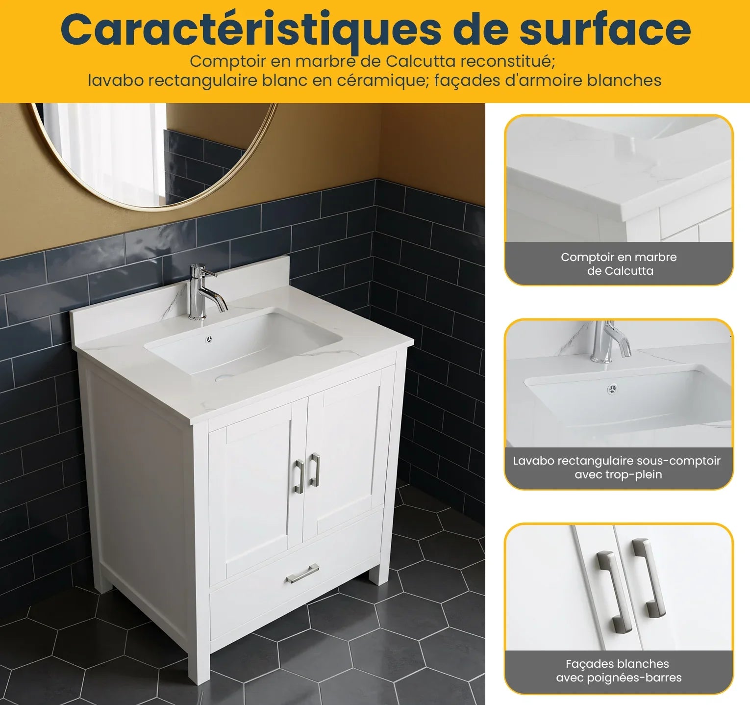 Meuble-Lavabo Autoportant 30po Blanc avec Comptoir de Polymarbre Ingénierie Calcutta