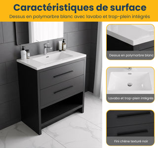 Meuble-Lavabo Autoportant 30po Chêne Noir avec Comptoir de Polymarbre Blanc