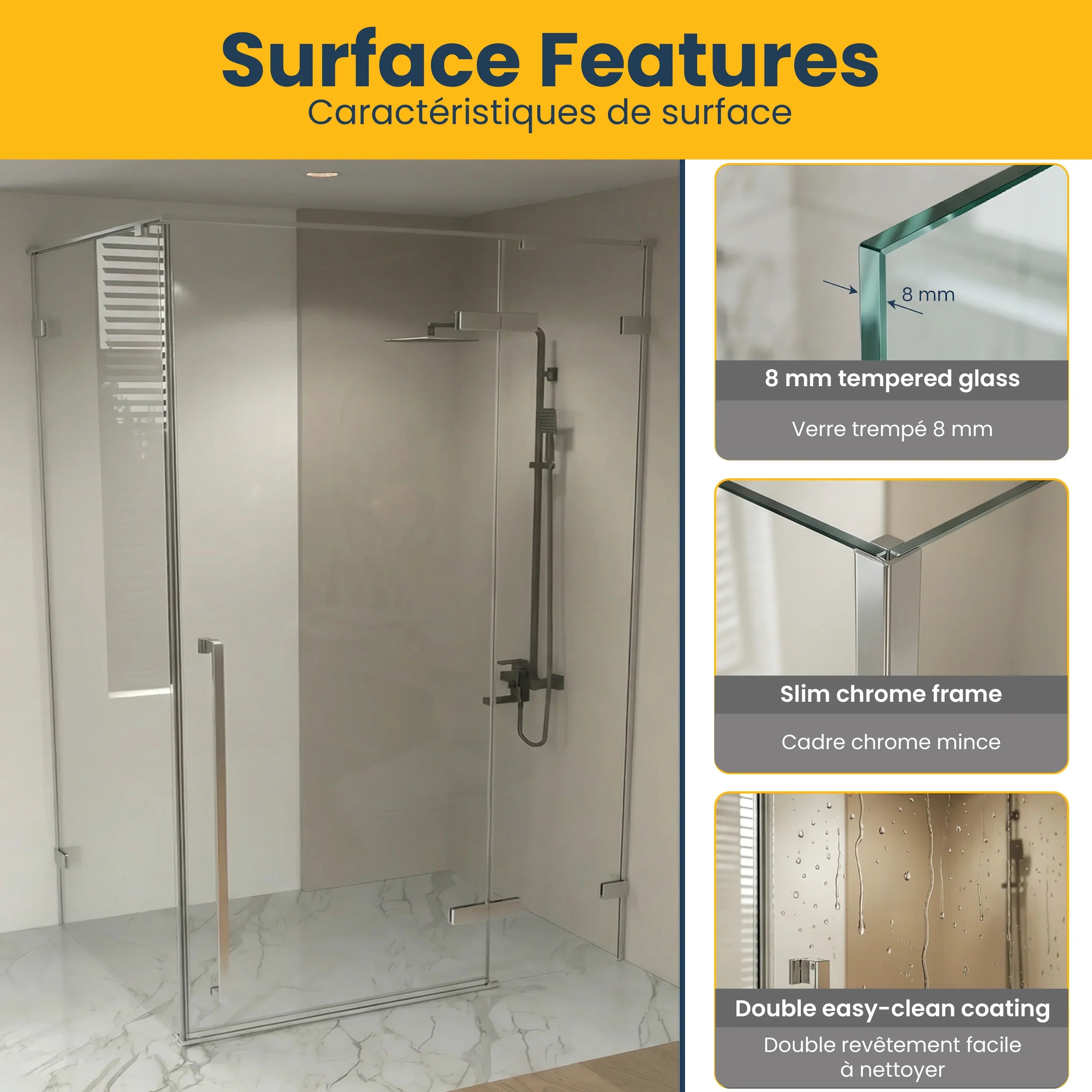 Porte de douche pivotante chromée 60po x 79po avec panneau latéral 32po - Verre trempé clair