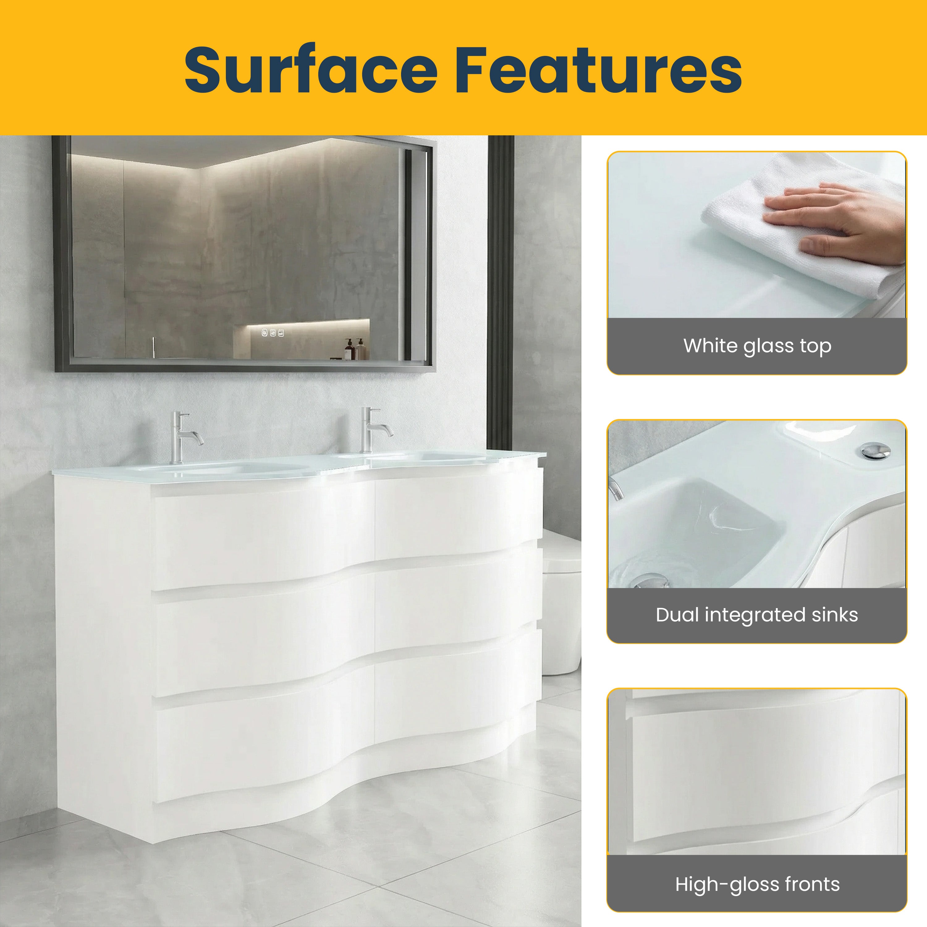 60" Matte White Freestanding Double Sink Bathroom Vanity with White Glass Countertop
