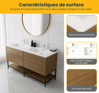 Meuble-Lavabo Mural 60po Noyer Miel Doré avec Comptoir de Polymarbre Blanc