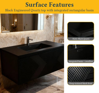 Meuble-lavabo mural noir 40" avec Comptoir en quartz noir conçu Roxboro