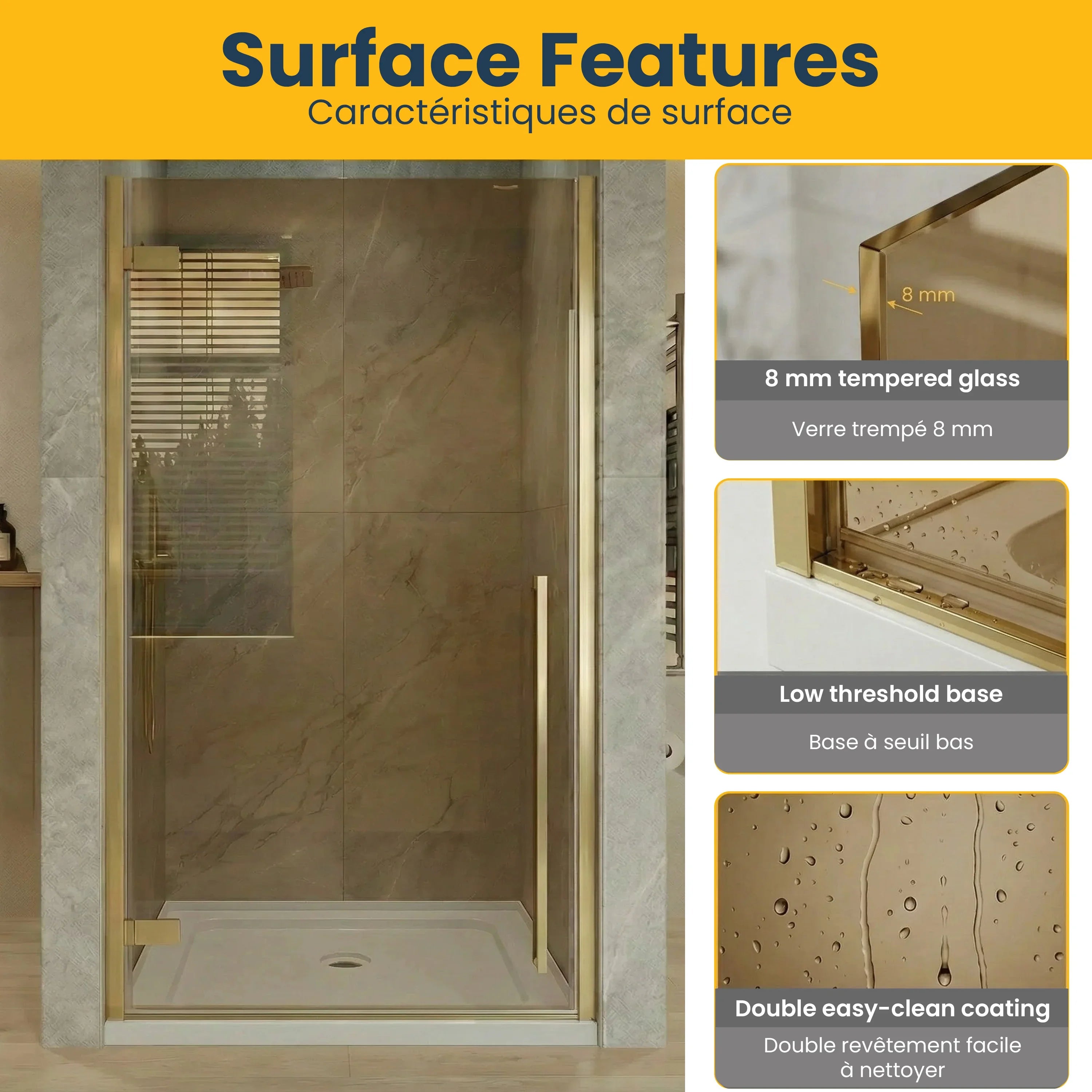36" x 79" Brushed Gold Pivot Shower Door with Brown Tinted Glass & White Acrylic Base