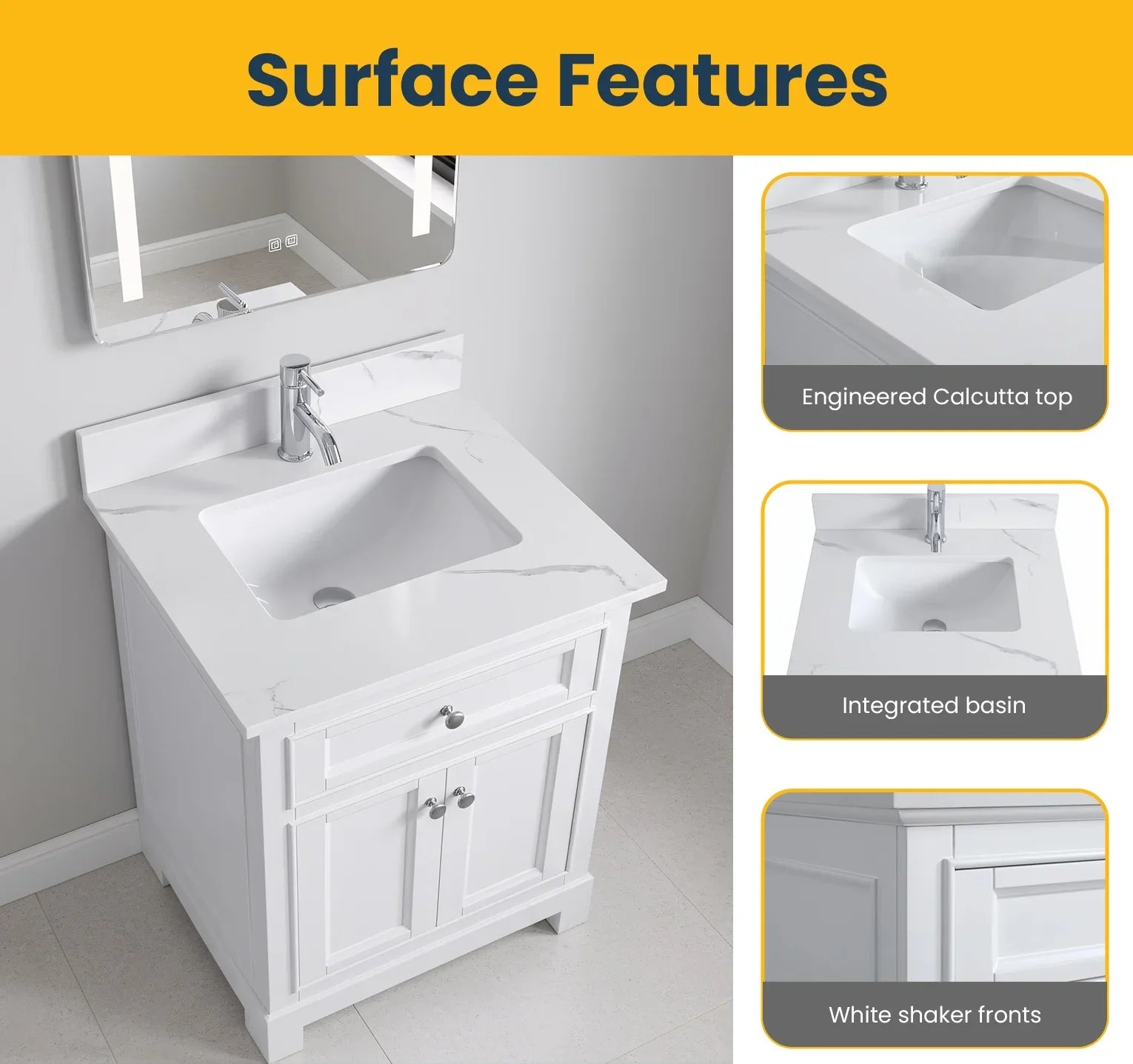 Meuble-Lavabo Autoportant 24po Blanc avec Comptoir de Marbre Ingénierie Calcutta