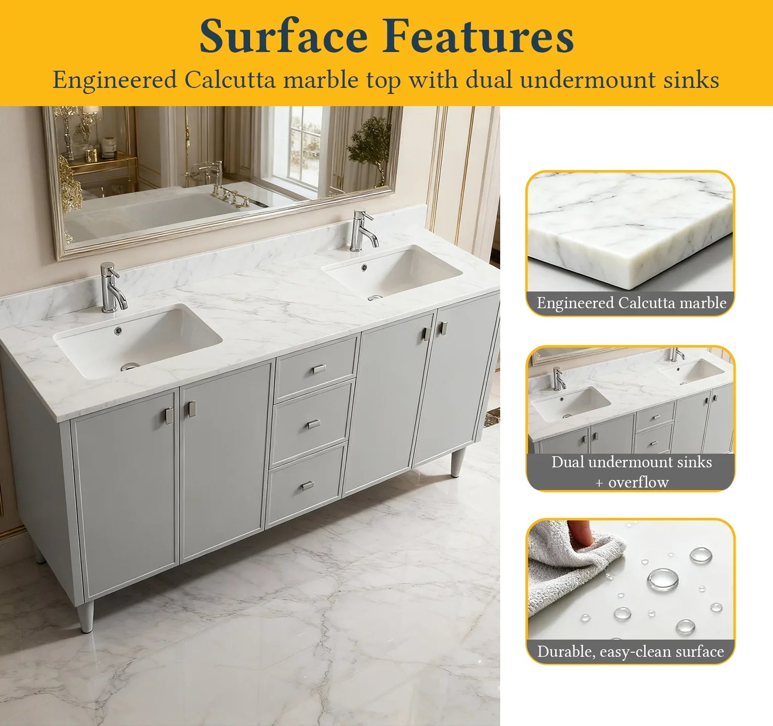 Meuble Lavabo Autoportant 60po Hampton Gris Double Vasque avec Comptoir Marbre Calcutta