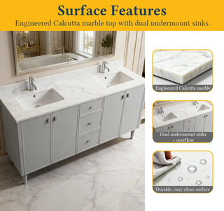 60" Hampton Grey Double Sink Freestanding Vanity with Engineered Calcutta Marble Countertop