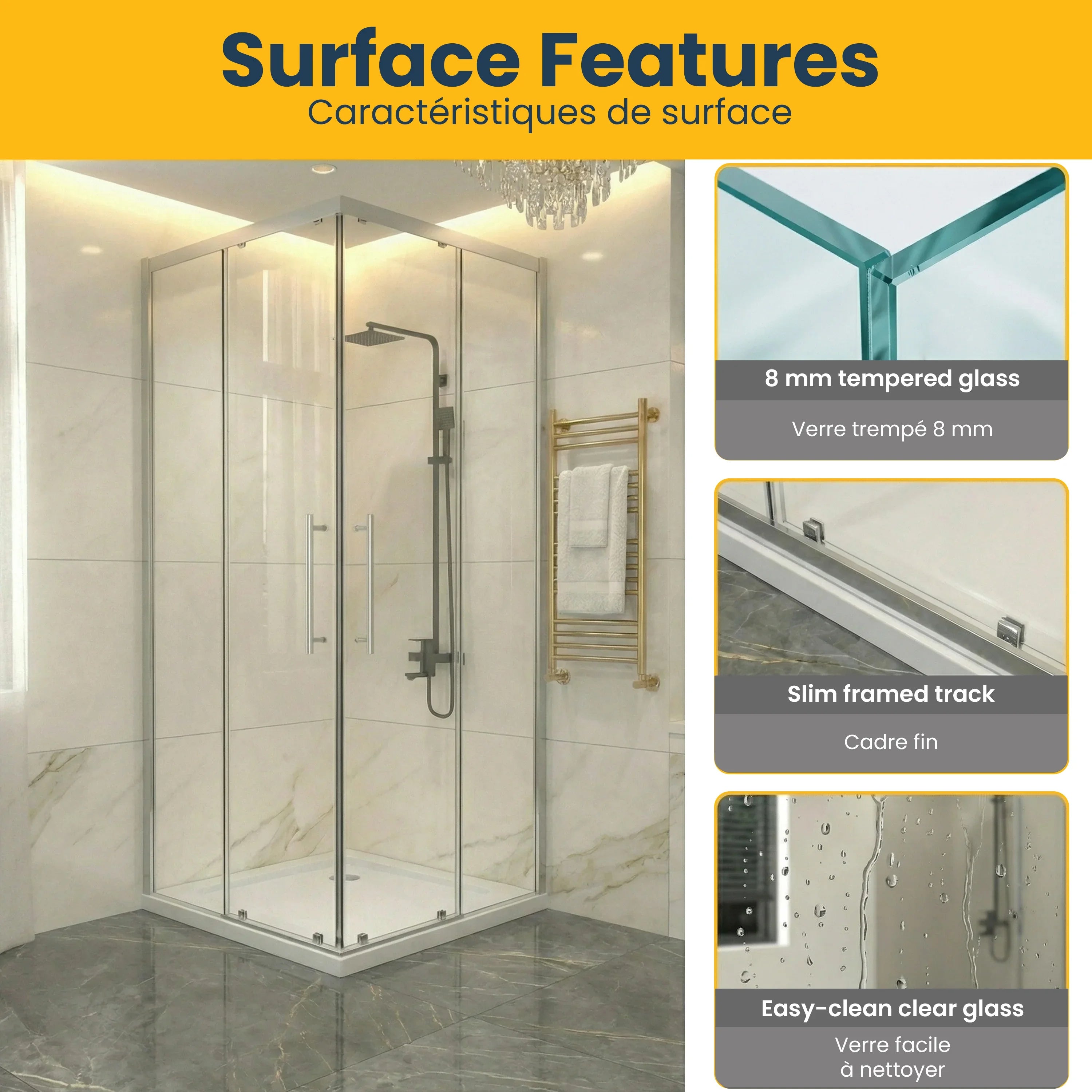 Porte de Douche Coulissante Coin 36po x 36po en Chrome avec Base Acrylique Blanche