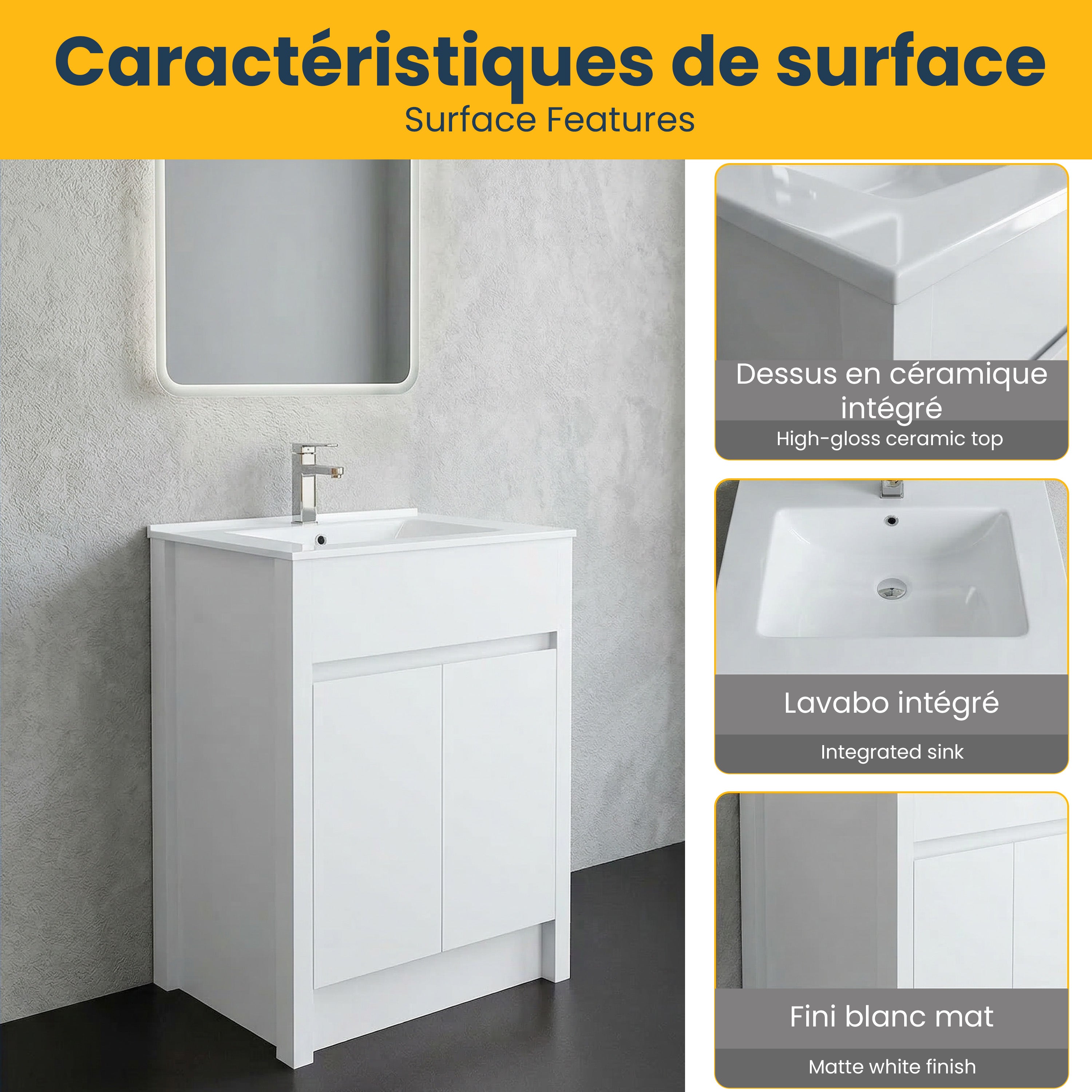 24" Matte White Freestanding Bathroom Vanity with White Ceramic Countertop