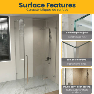 48 po x 79 po Panneau de Porte de Douche Fixe Pivotante Chrome Réversible avec Verre Clair et 36 po x 79 po Panneau Latéral