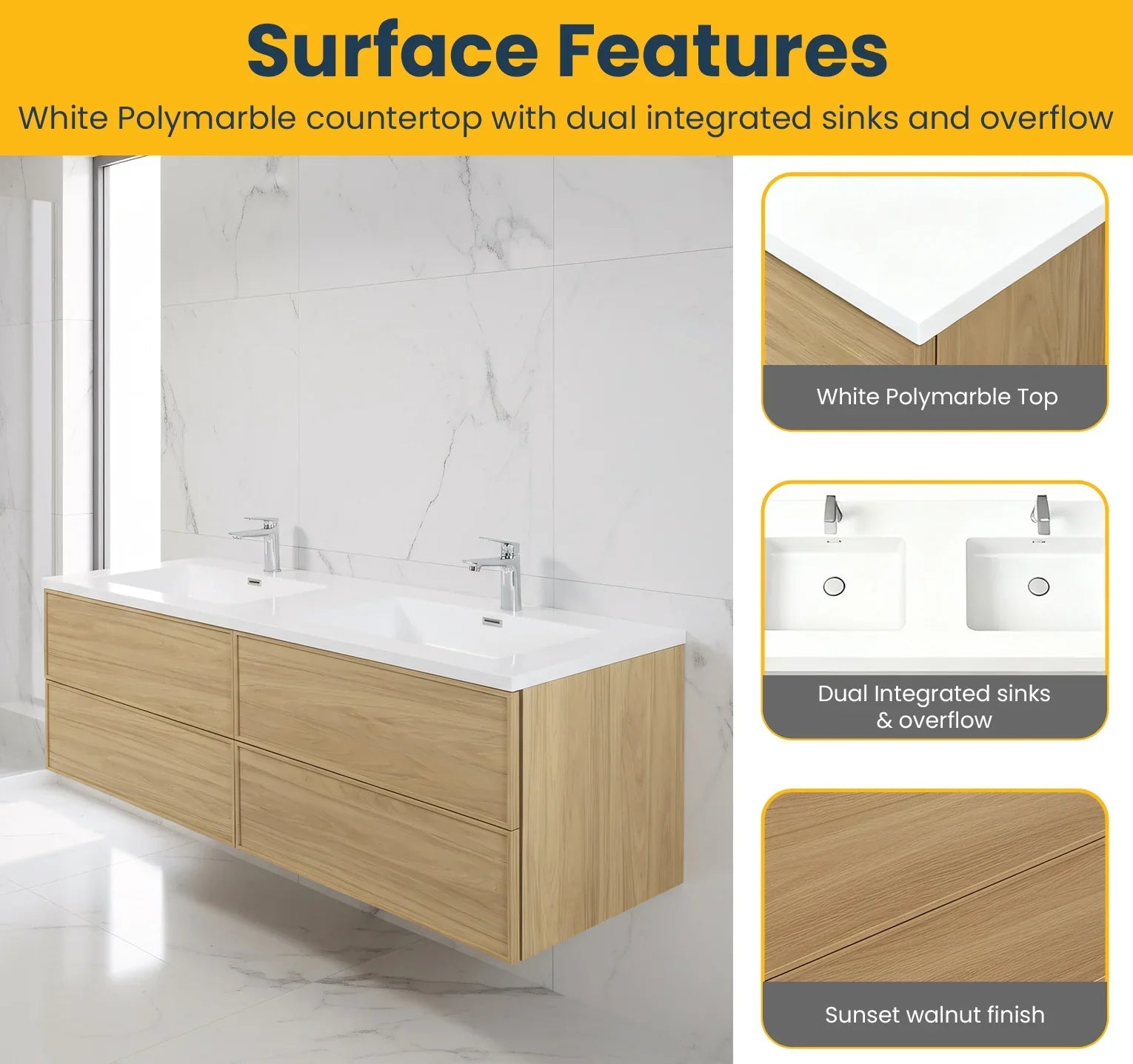 Meuble Lavabo Mural 60 pouces Noyer Couchant Double Vasque avec Comptoir Polymarbre Blanc