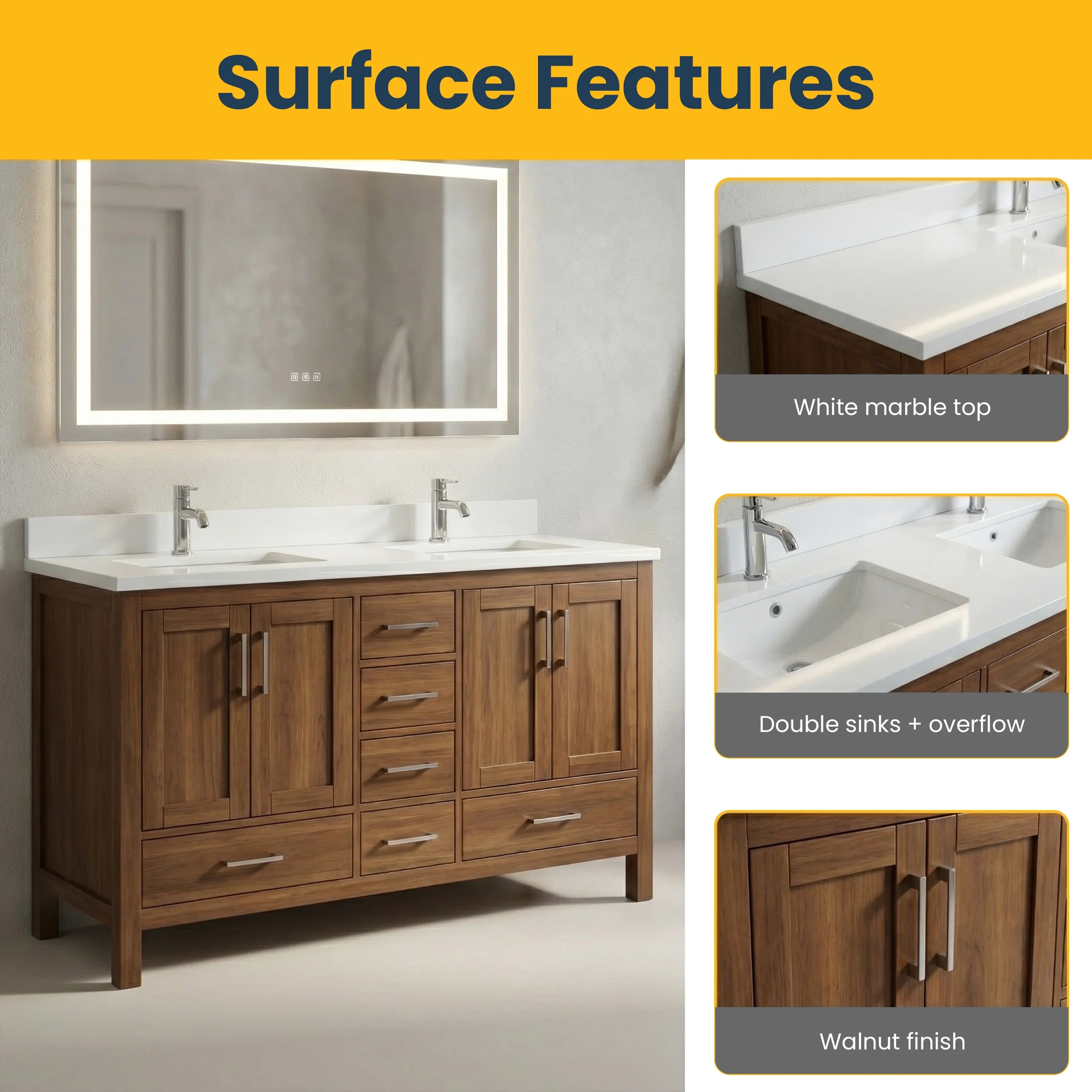 60" Walnut Freestanding Double Sink Bathroom Vanity with Engineered White Marble Countertop