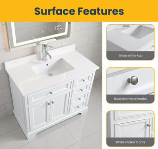 42" White Freestanding Bathroom Vanity with Solid White Quartz Countertop