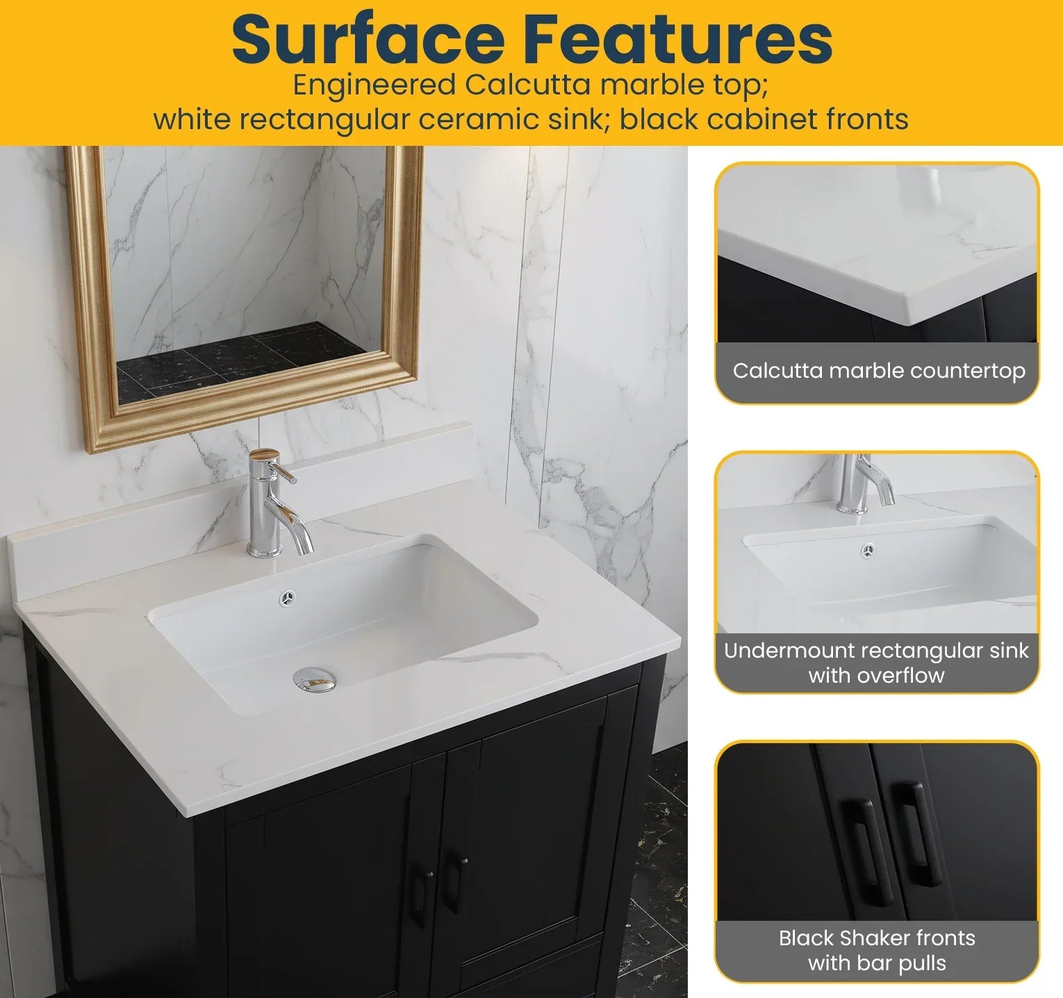 Meuble-Lavabo Autoportant 30po Noir avec Comptoir de Polymarbre Ingénierie Calcutta