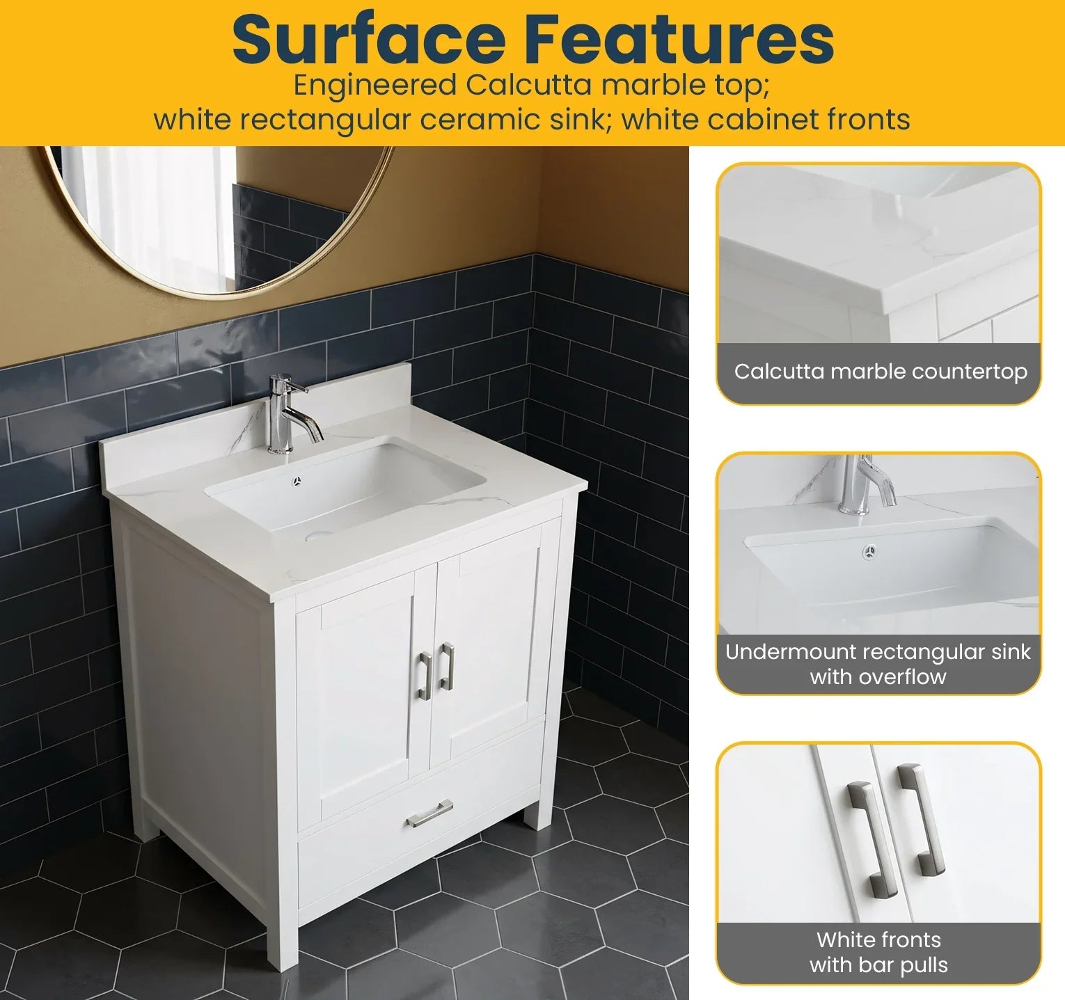 Meuble-Lavabo Autoportant 30po Blanc avec Comptoir de Polymarbre Ingénierie Calcutta