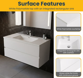 40" White Wall Mount Bathroom Vanity with White Polymarble Countertop