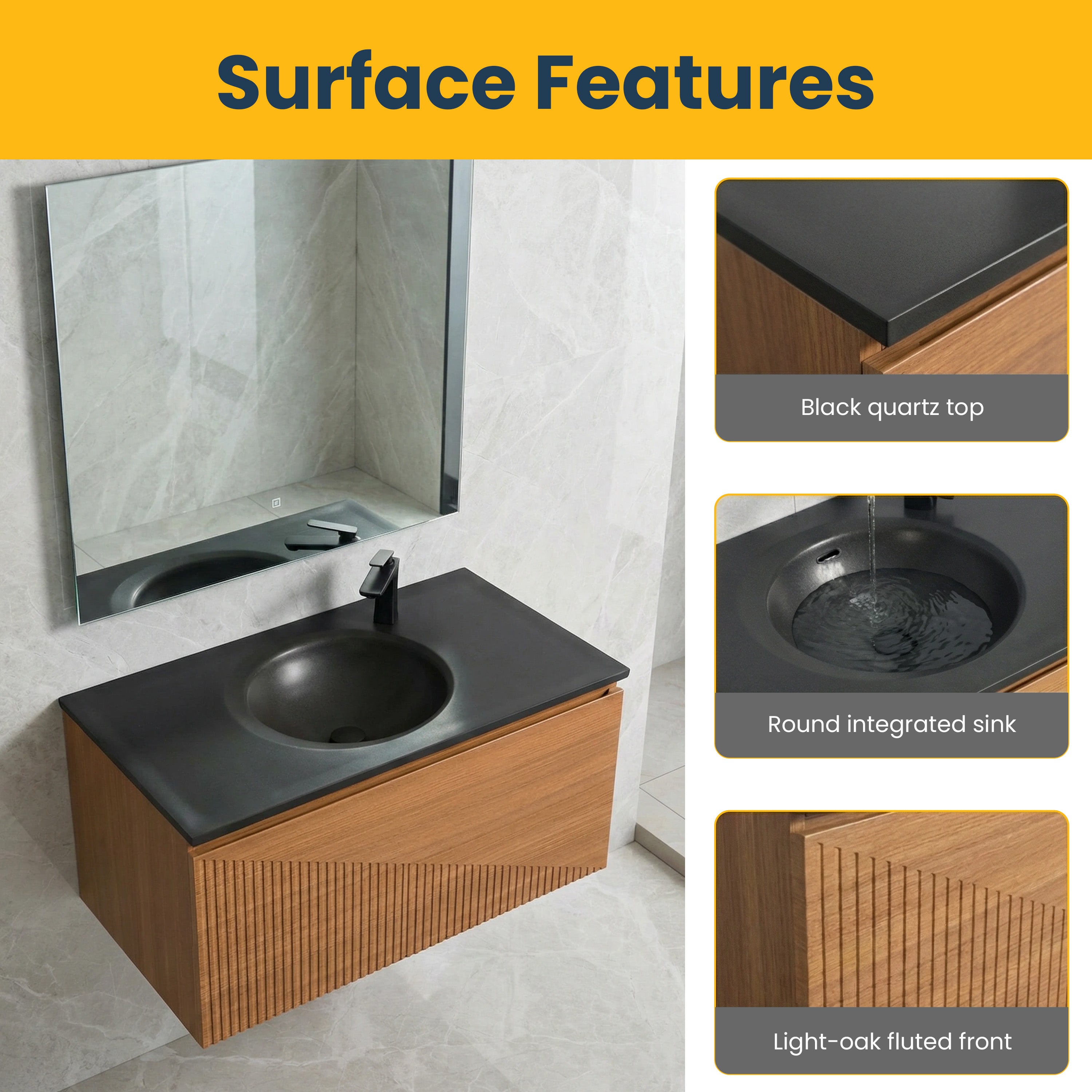 Meuble-Lavabo Mural 36po Chêne Clair avec Comptoir de Quartz d'ingénierie Noir